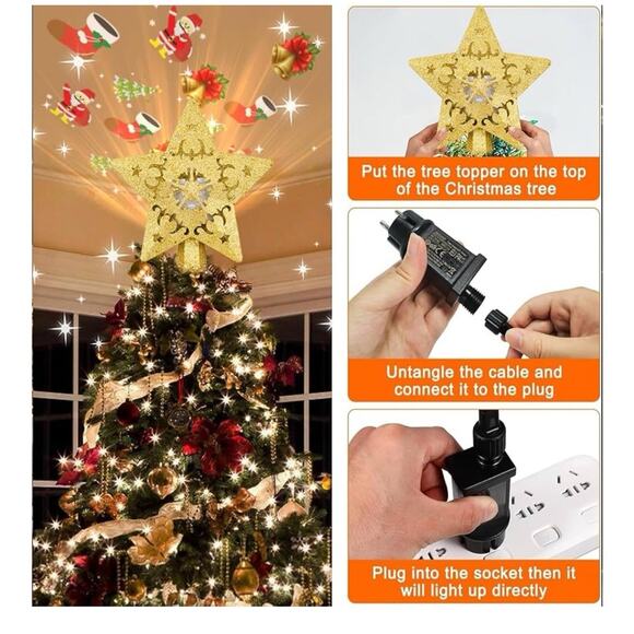 Christmas Tree Topper Lighted LED Star Snowflake Projector Rotating Lamp Gold - Picture 1 of 3